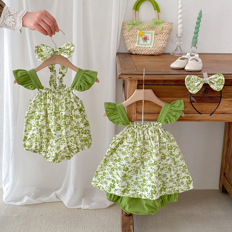Summer Girls Flowers Pattern Sleeveless Strap Onesies And Clothing Set – Sister Matching Clothing Set