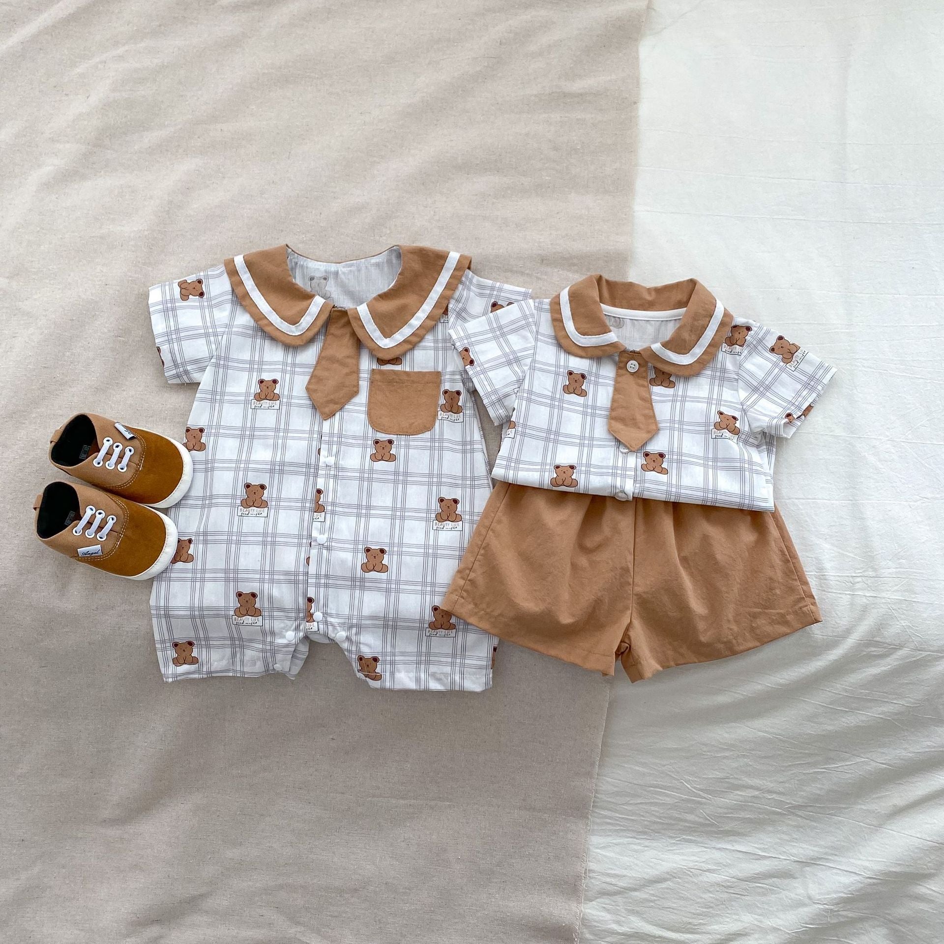 Summer Baby Teddy Pattern Plaid Short-Sleeved Romper And Clothing Sets For Boys – Brother Matching Set