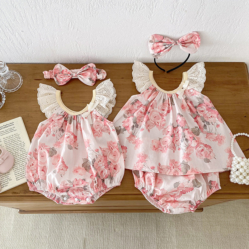 Summer Girls Flowers Pattern Sleeveless Hollow Out Lace Strap Onesies And Clothing Set – Sister Matching Clothing Set