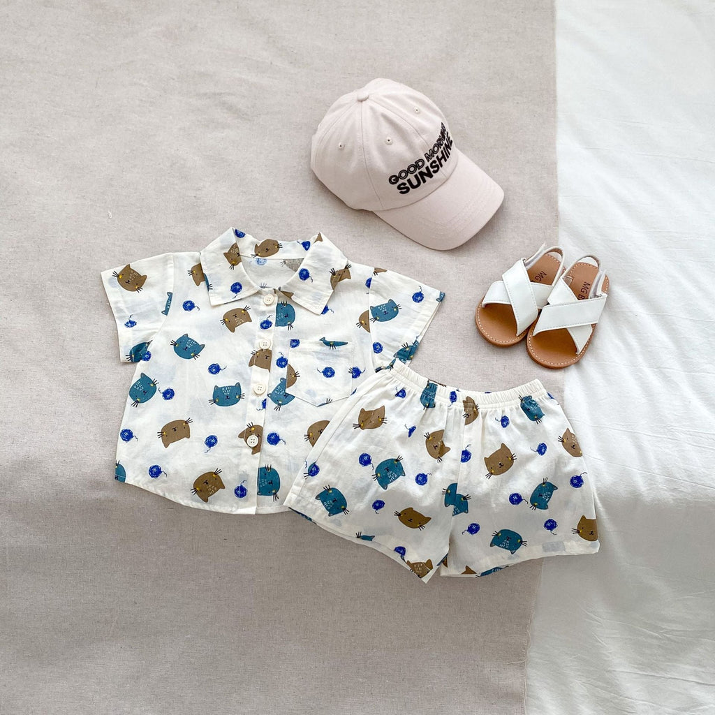 Summer Baby Kids Boys Cat/Star Pattern Turndown Collar Shirt And Shorts Clothing Set
