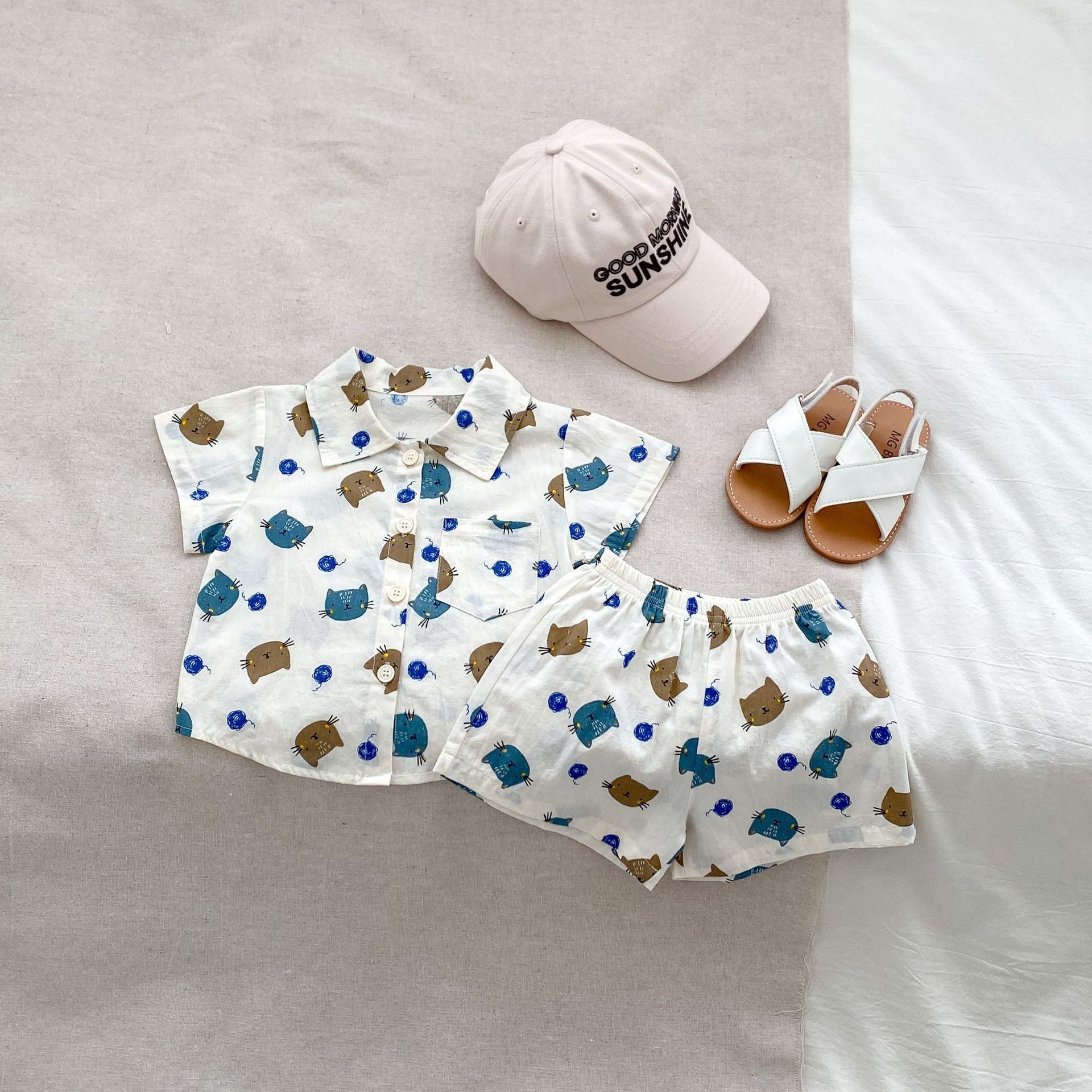 Summer Baby Kids Boys Cat/Star Pattern Turndown Collar Shirt And Shorts Clothing Set