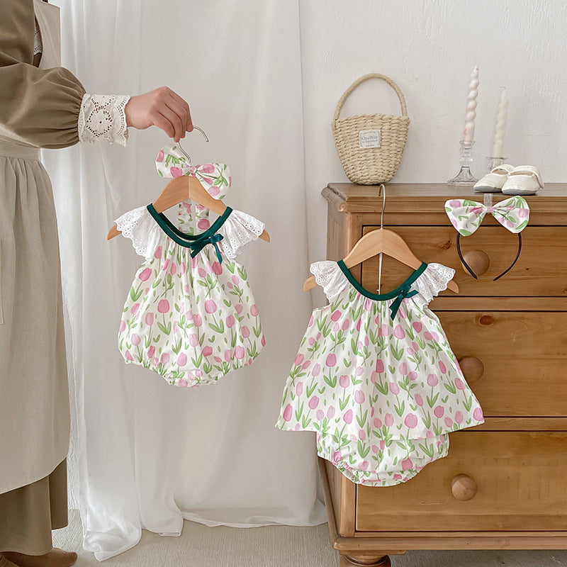 Summer Girls Flowers Pattern Sleeveless Hollow Out Lace Strap Onesies And Clothing Set – Sister Matching Clothing Set