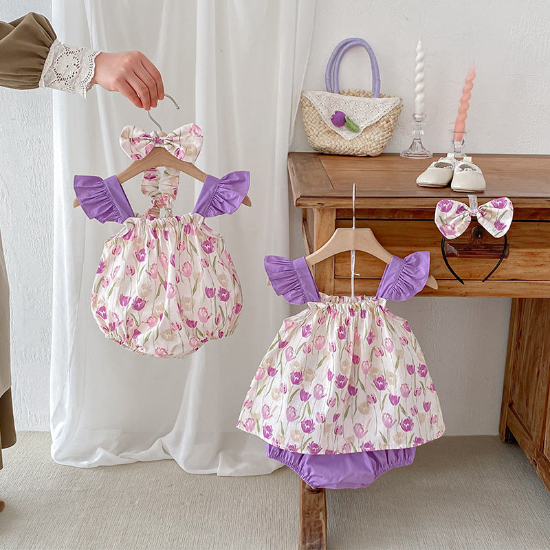 Design Summer Girls Flowers Pattern Sleeveless Strap Onesies And Clothing Set – Sister Matching Clothing Set