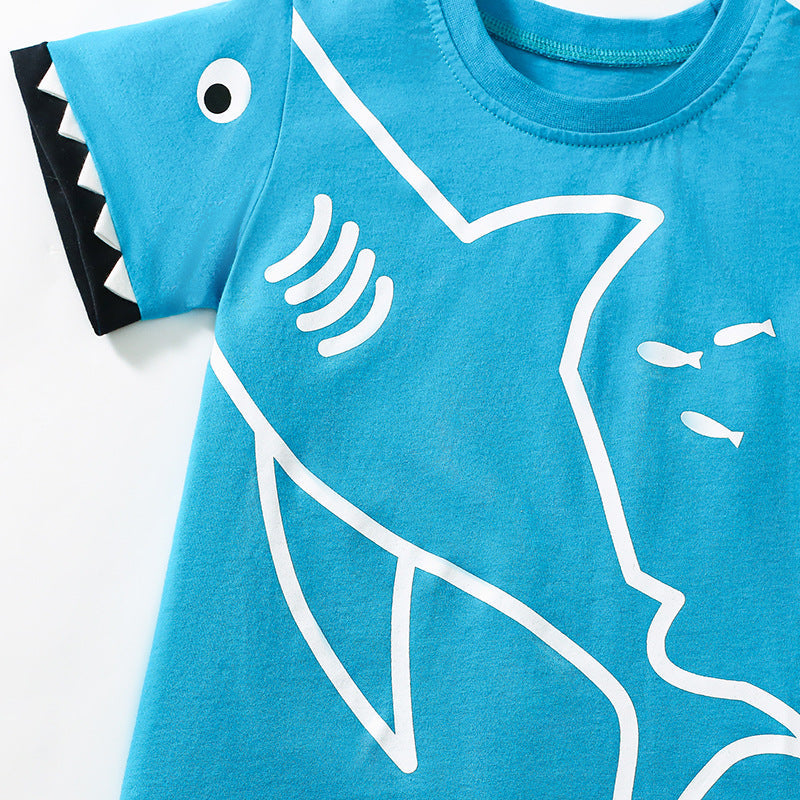 Summer Baby Kids Shark Cartoon Pattern T-shirt and Shorts Clothing Set for Boys