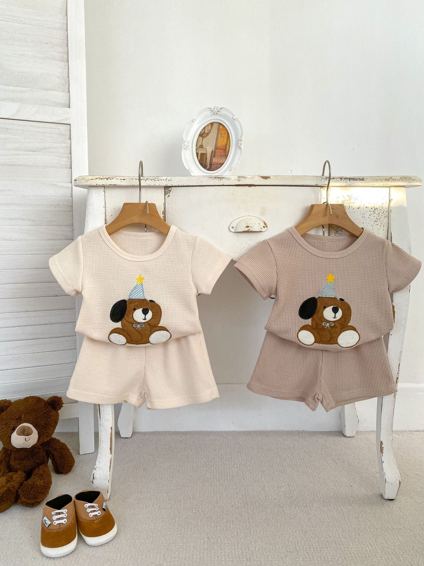 Baby Kids Boys Cute Teddy Pattern Short Sleeves Top And Solid Color Shorts Casual Clothing Set
