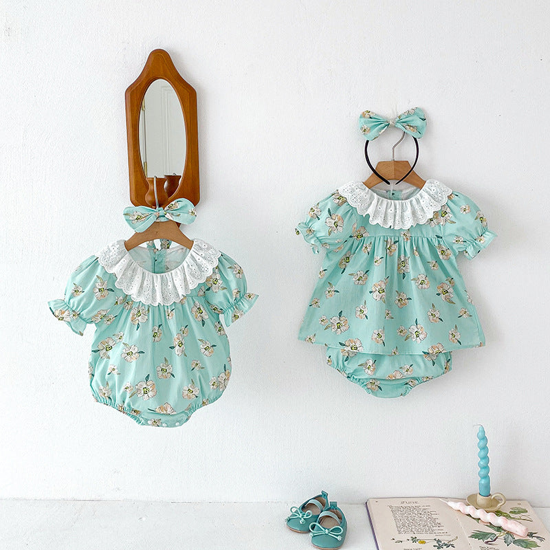 Summer Girls Flowers Pattern Short Sleeves Hollow Out Collar Onesies And Clothing Set – Sister Matching Clothing Set