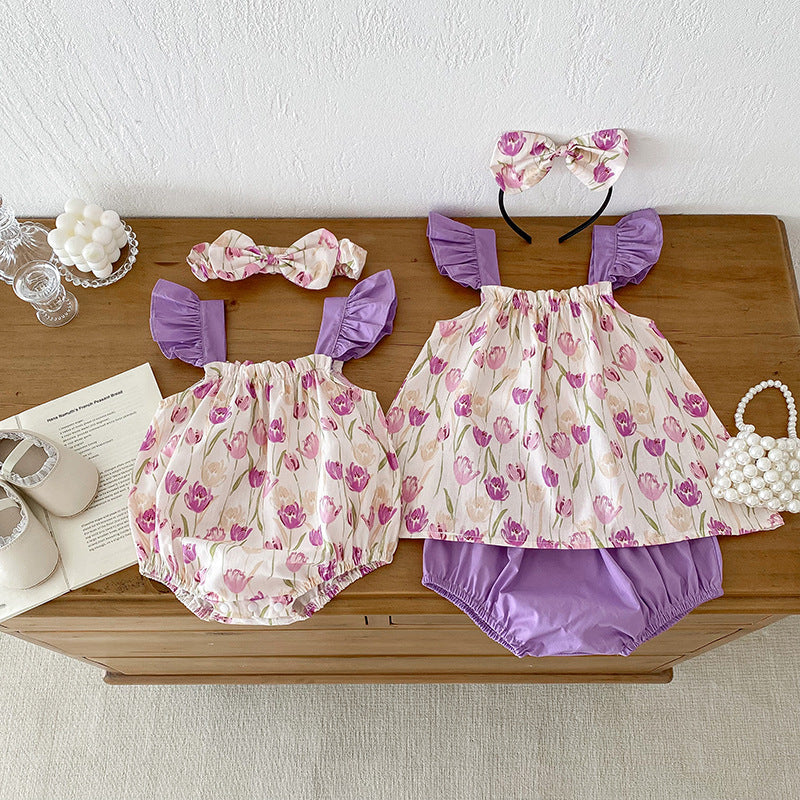 Design Summer Girls Flowers Pattern Sleeveless Strap Onesies And Clothing Set – Sister Matching Clothing Set