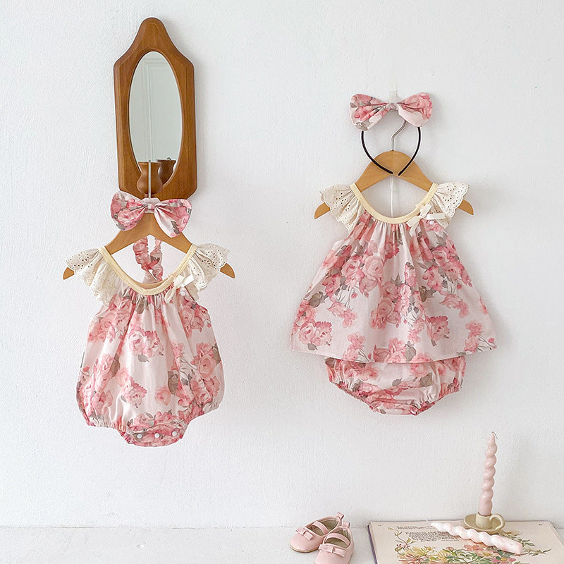Summer Girls Flowers Pattern Sleeveless Hollow Out Lace Strap Onesies And Clothing Set – Sister Matching Clothing Set
