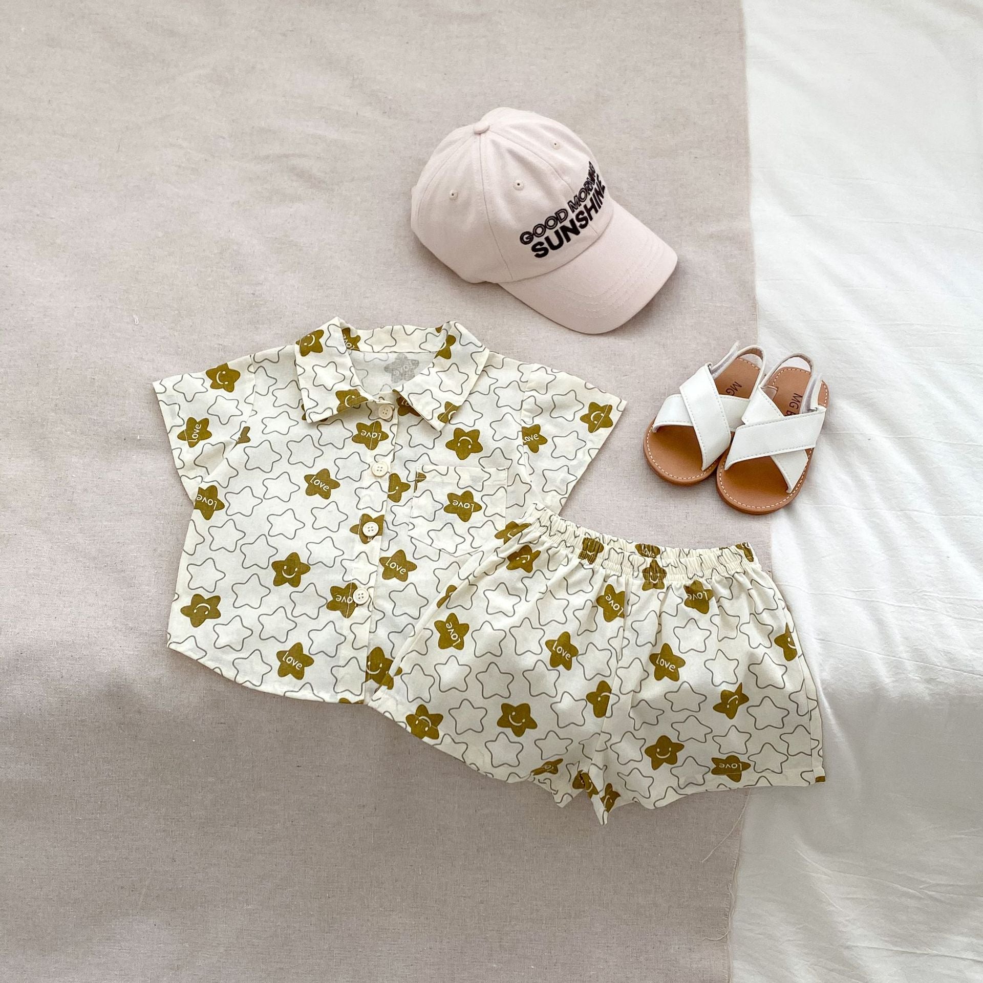 Summer Baby Kids Boys Cat/Star Pattern Turndown Collar Shirt And Shorts Clothing Set