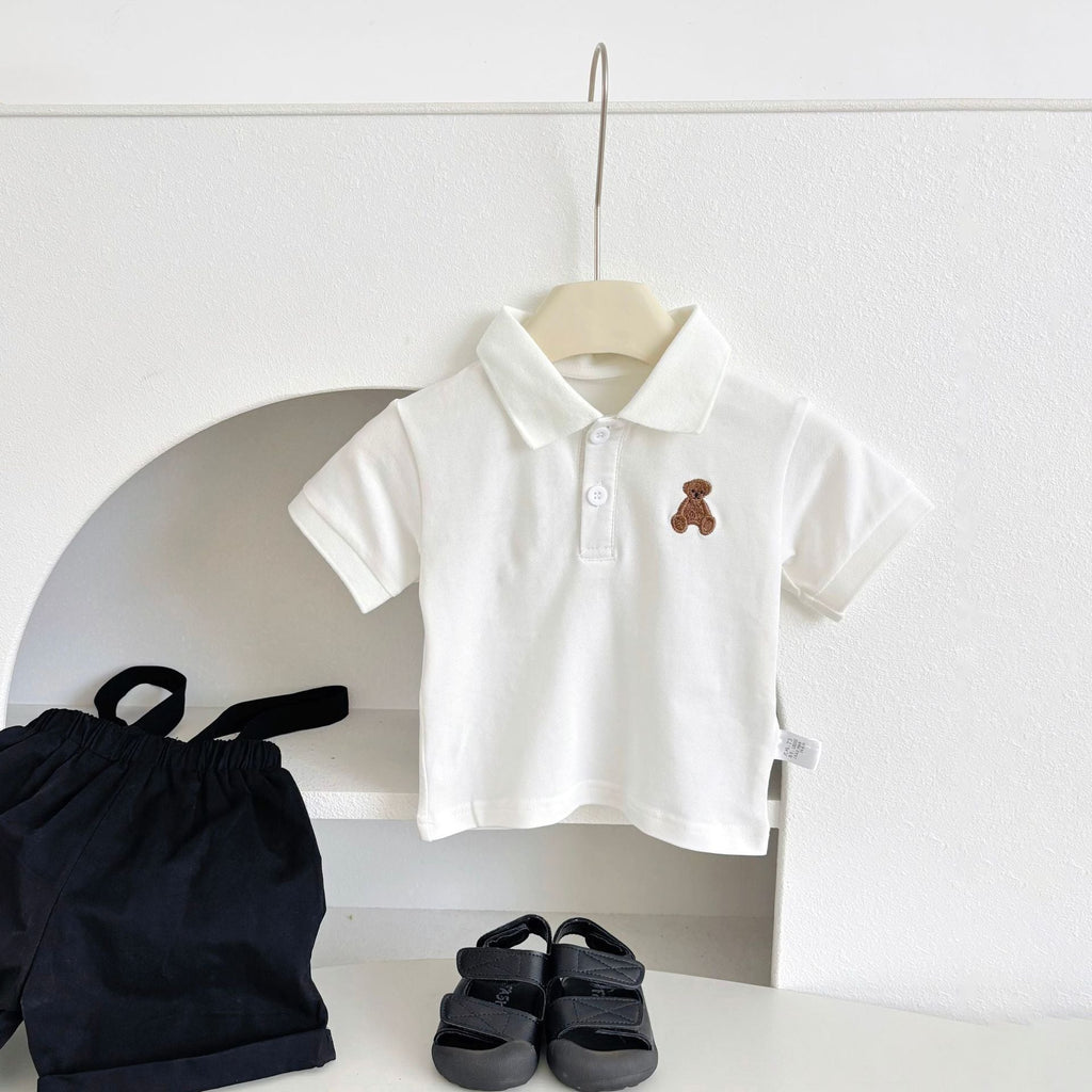 Summer Hot Selling Baby Kids Boys Sleeveless Black Strap Overalls and White Polo Shirt Clothing Set