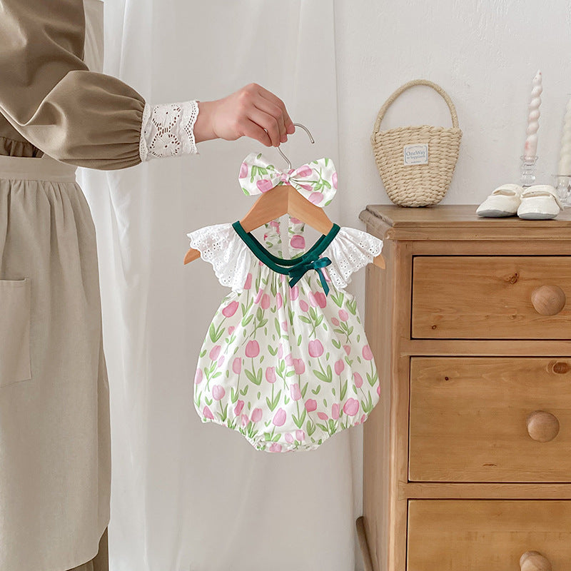 Summer Girls Flowers Pattern Sleeveless Hollow Out Lace Strap Onesies And Clothing Set – Sister Matching Clothing Set