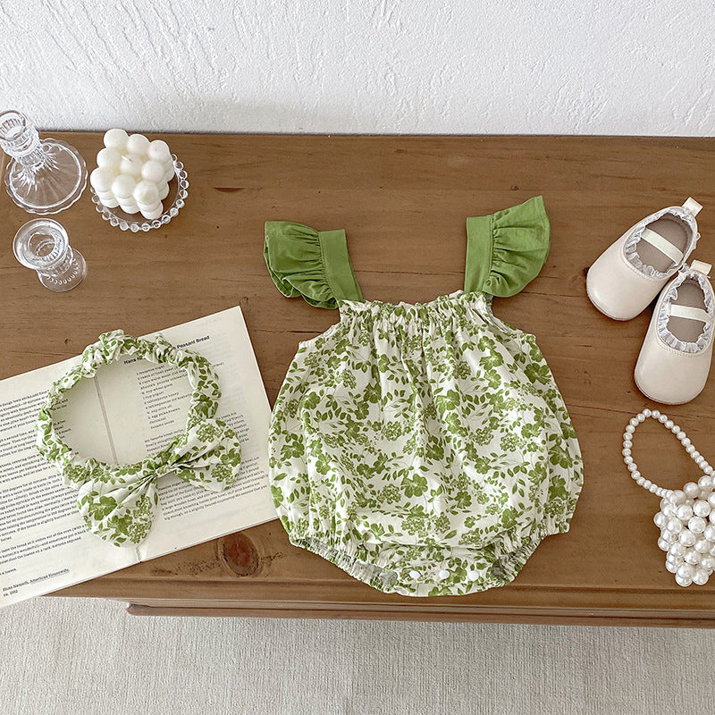 Summer Girls Flowers Pattern Sleeveless Strap Onesies And Clothing Set – Sister Matching Clothing Set