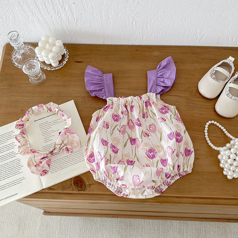 Design Summer Girls Flowers Pattern Sleeveless Strap Onesies And Clothing Set – Sister Matching Clothing Set