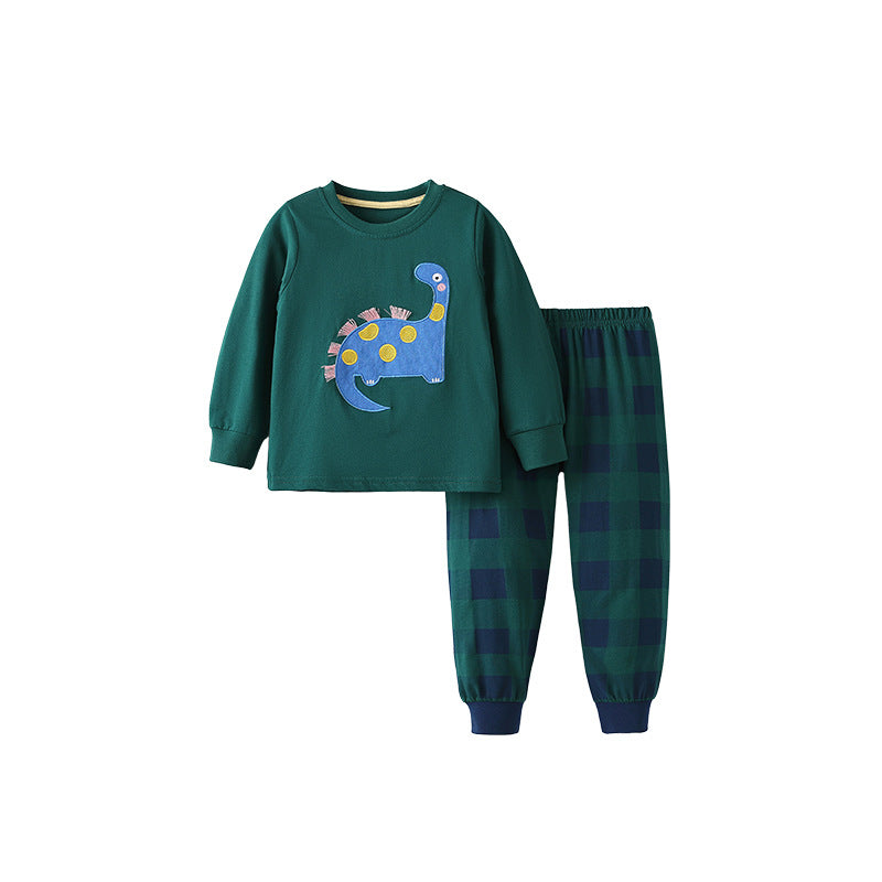 Spring and Autumn Boys Cartoon Pattern Long Sleeves Top and Plaid Pants Clothing Set