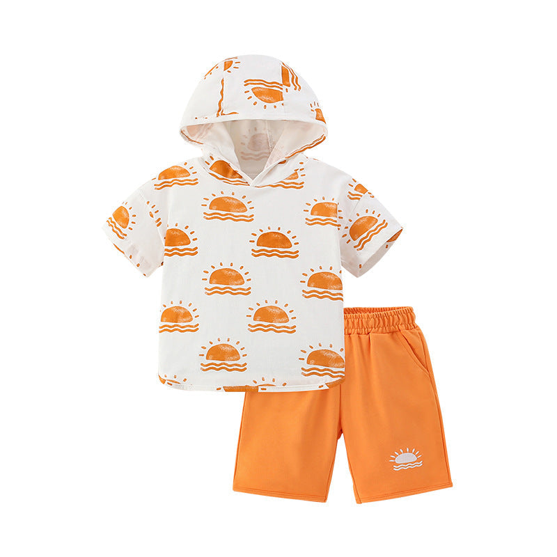 Summer Baby Kids Sunrise Pattern Hooded T-shirt and Shorts Clothing Set for Boys