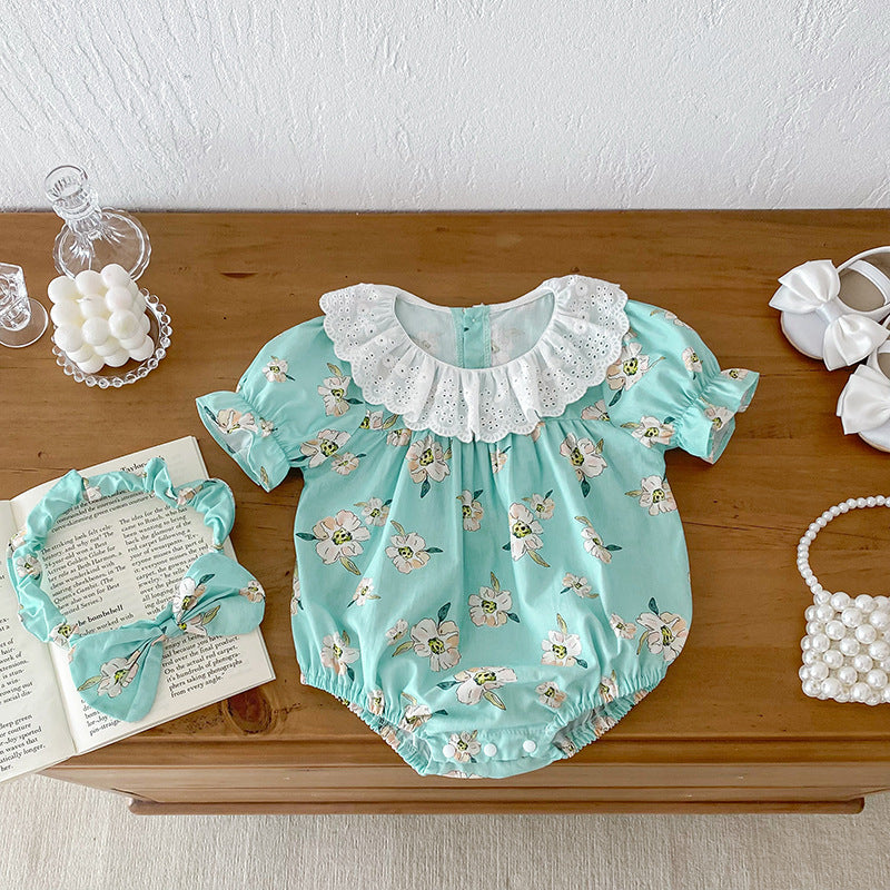 Summer Girls Flowers Pattern Short Sleeves Hollow Out Collar Onesies And Clothing Set – Sister Matching Clothing Set