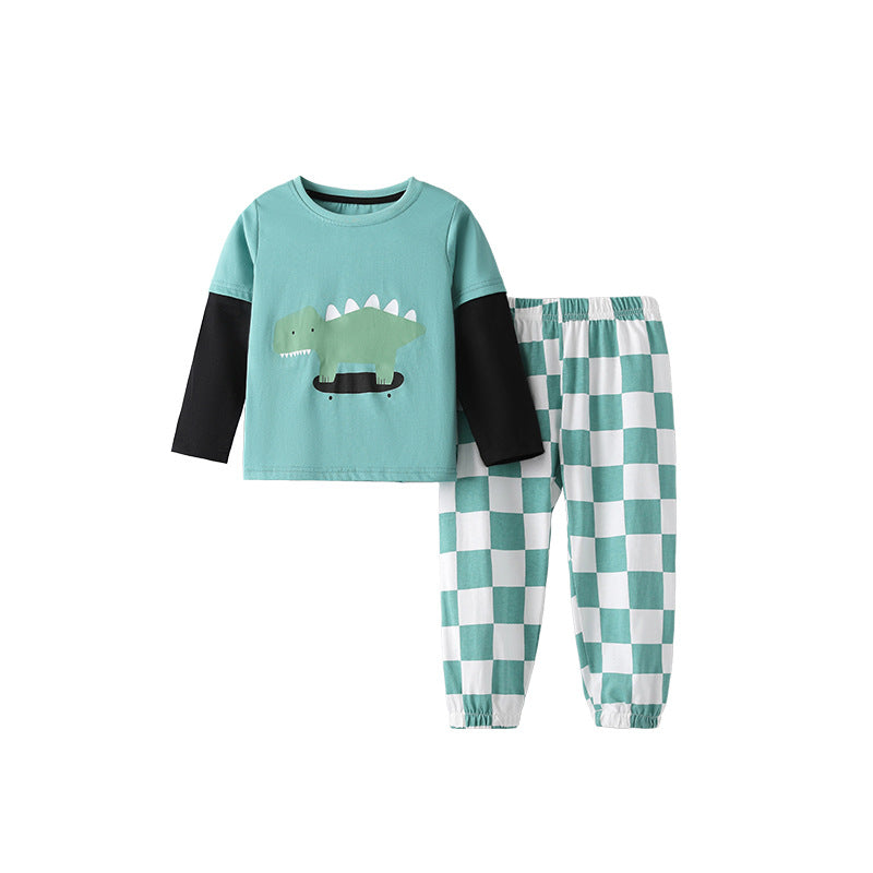 Spring and Autumn Boys Cartoon Pattern Long Sleeves Top and Plaid Pants Clothing Set
