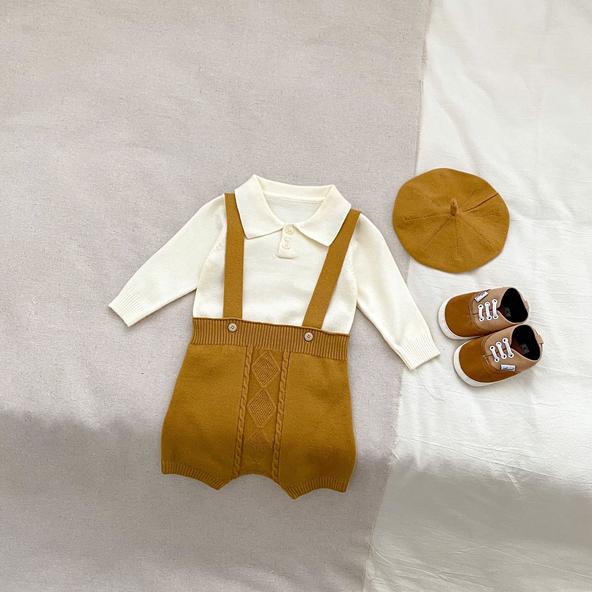 Autumn Baby Boys Long Sleeves Simple Knitted Top, Overalls and Hat Clothing Set