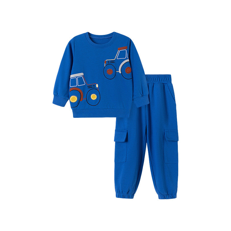 Spring and Autumn Boys Tractors Cartoon Pattern Long Sleeves Sweatshirt and Pants Clothing Set