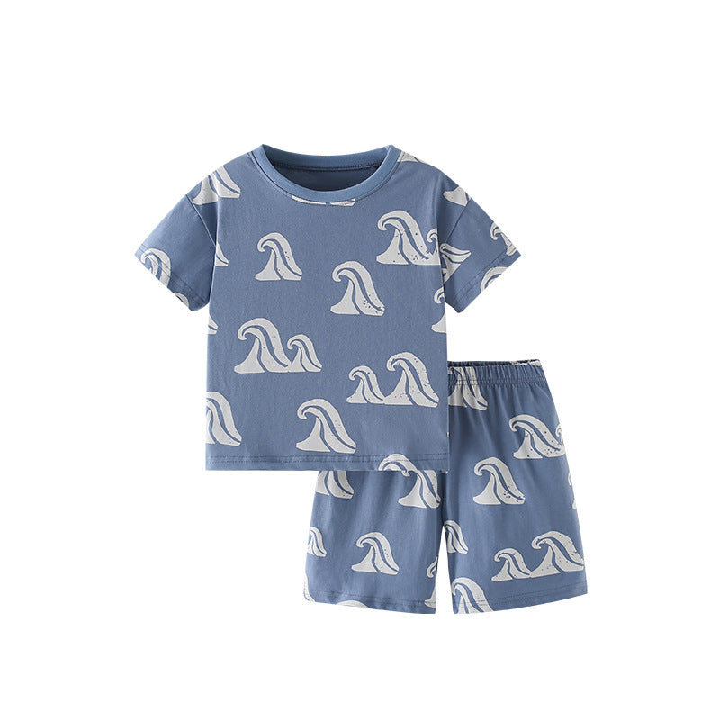 Summer Baby Kids Waves Pattern T-shirt and Shorts Clothing Set for Boys