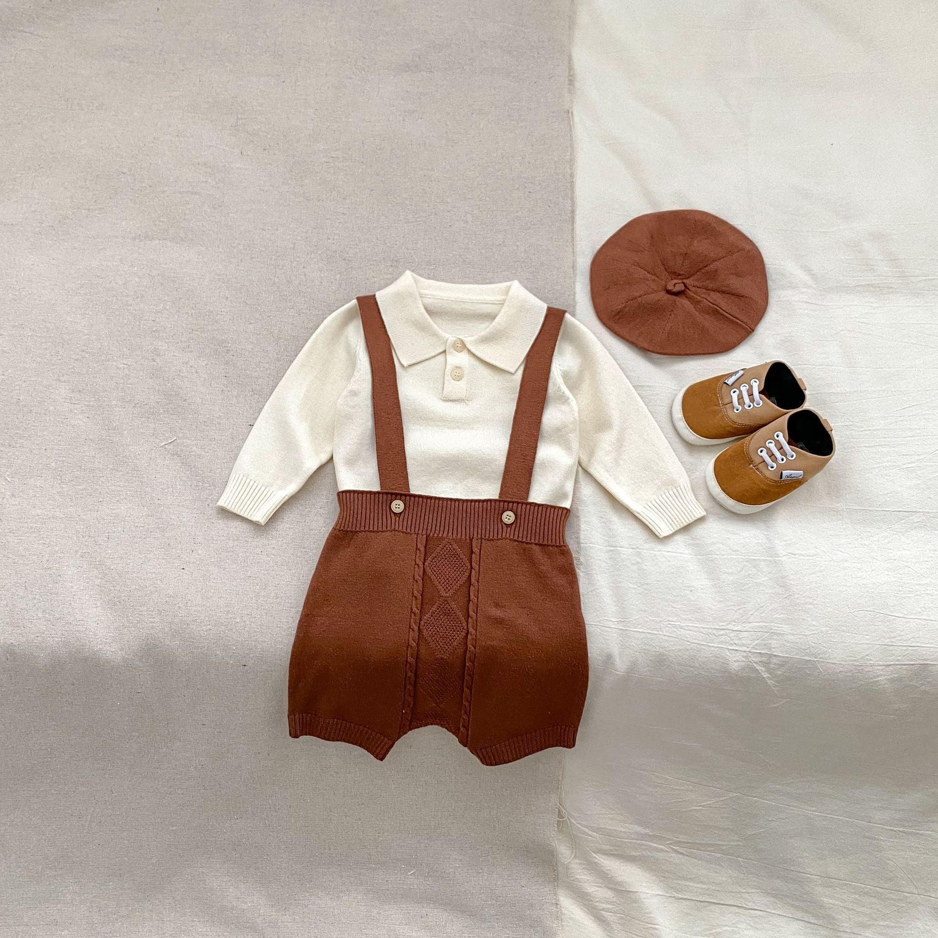 Autumn Baby Boys Long Sleeves Simple Knitted Top, Overalls and Hat Clothing Set