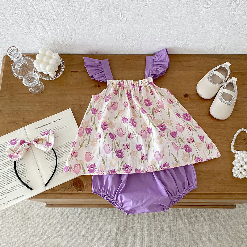 Design Summer Girls Flowers Pattern Sleeveless Strap Onesies And Clothing Set – Sister Matching Clothing Set