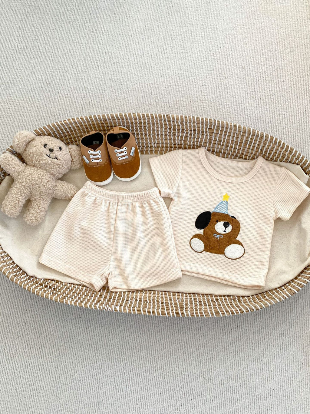 Baby Kids Boys Cute Teddy Pattern Short Sleeves Top And Solid Color Shorts Casual Clothing Set