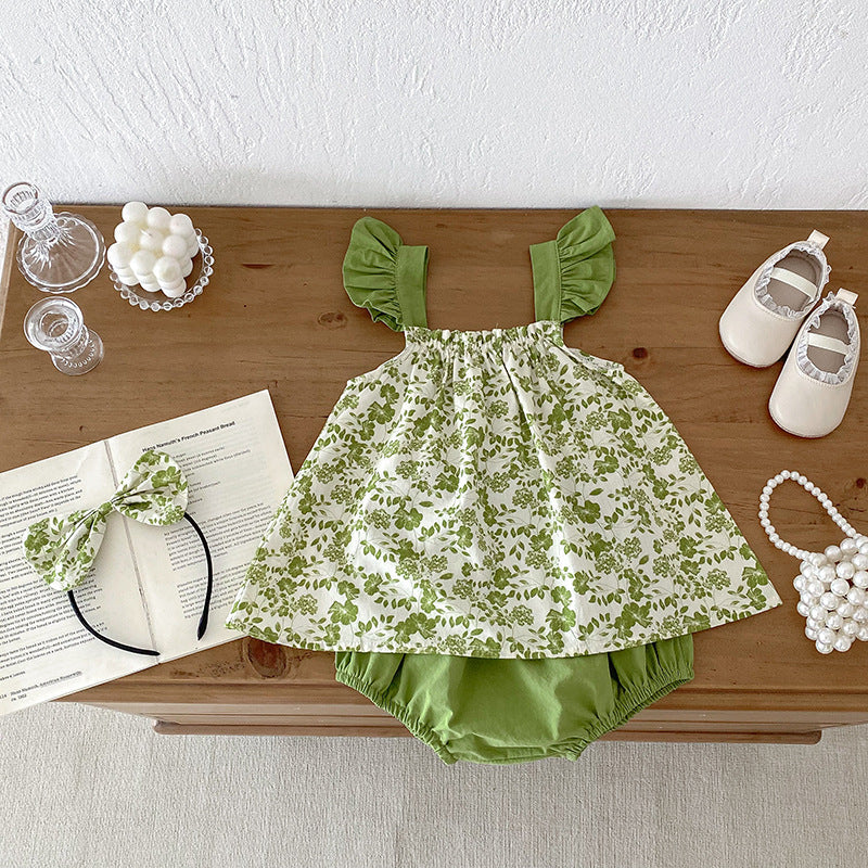 Summer Girls Flowers Pattern Sleeveless Strap Onesies And Clothing Set – Sister Matching Clothing Set