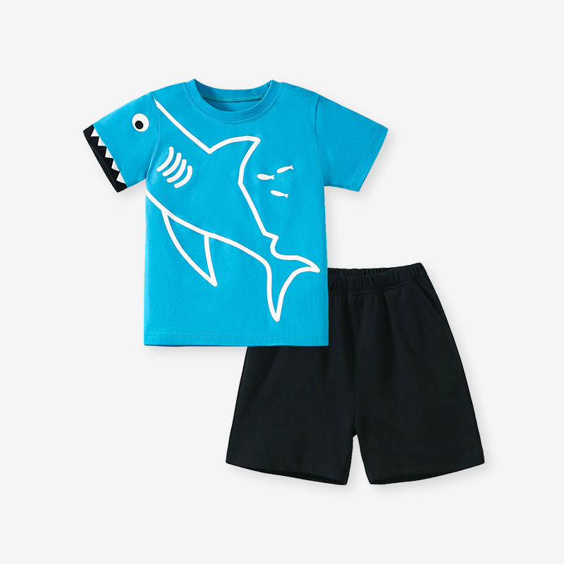 Summer Baby Kids Shark Cartoon Pattern T-shirt and Shorts Clothing Set for Boys
