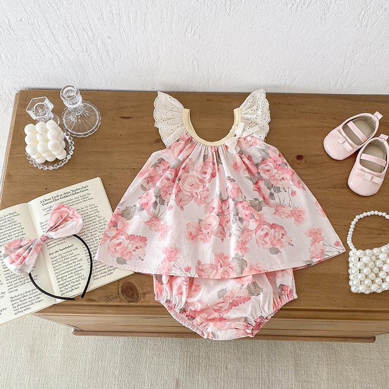 Summer Girls Flowers Pattern Sleeveless Hollow Out Lace Strap Onesies And Clothing Set – Sister Matching Clothing Set