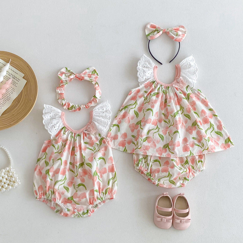 Summer Girls Flowers Pattern Sleeveless Lace Strap Onesies And Clothing Set – Sister Matching Clothing Set