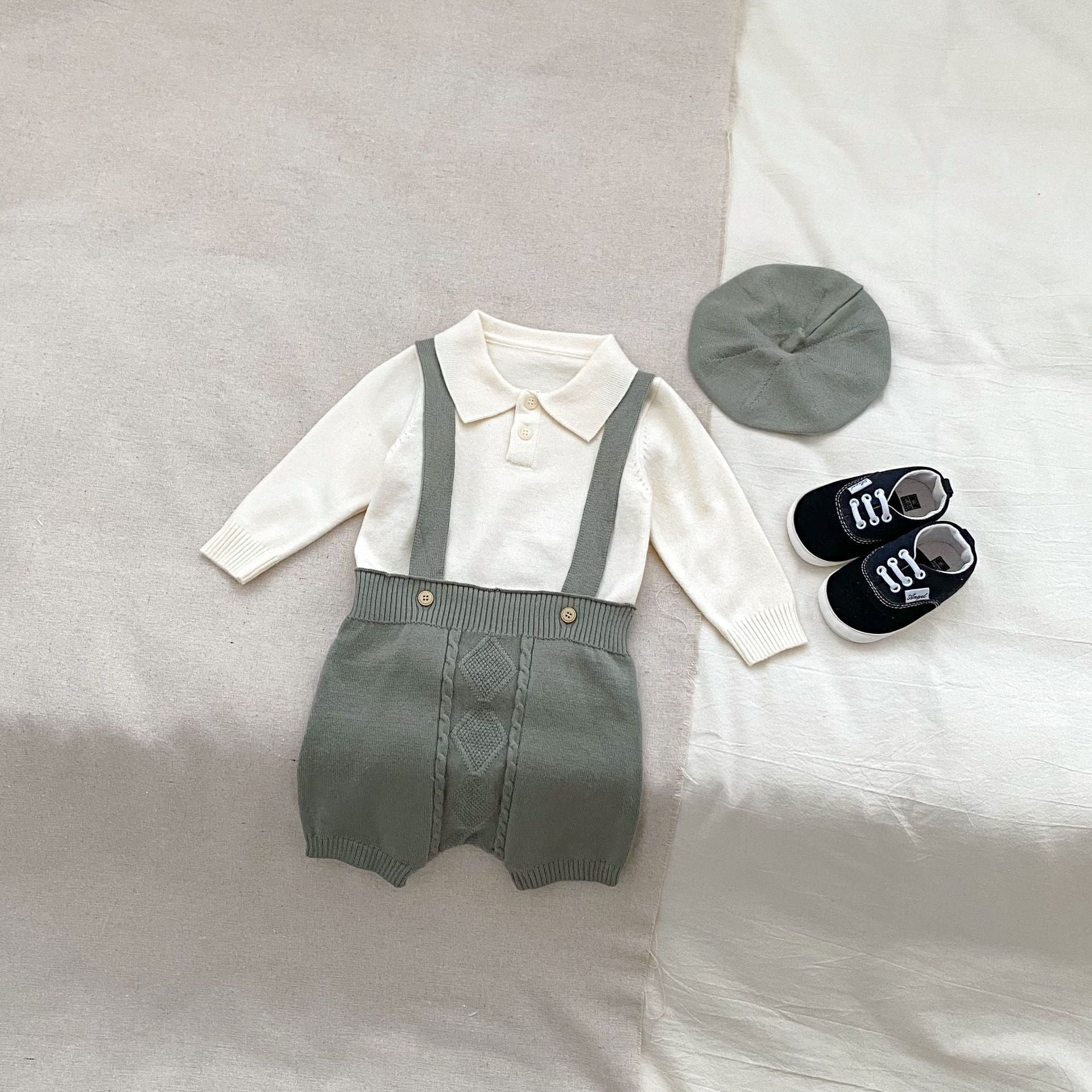 Autumn Baby Boys Long Sleeves Simple Knitted Top, Overalls and Hat Clothing Set