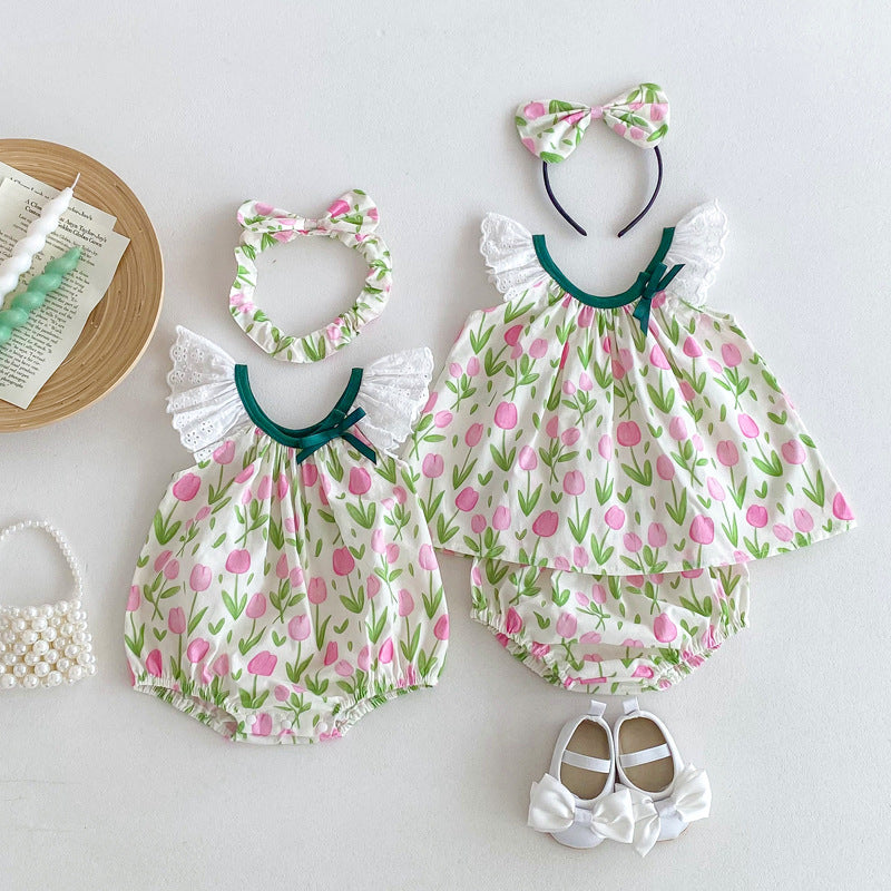 Summer Girls Flowers Pattern Sleeveless Hollow Out Lace Strap Onesies And Clothing Set – Sister Matching Clothing Set
