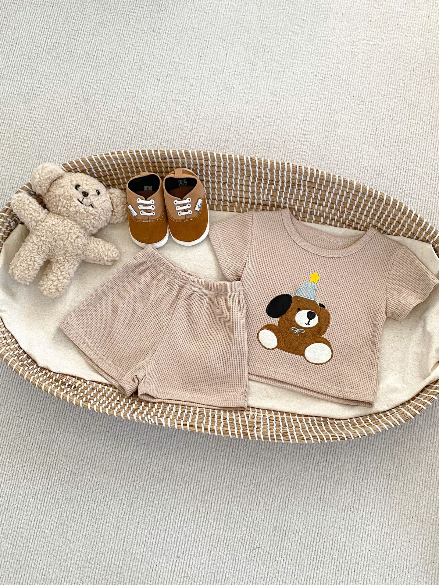 Baby Kids Boys Cute Teddy Pattern Short Sleeves Top And Solid Color Shorts Casual Clothing Set