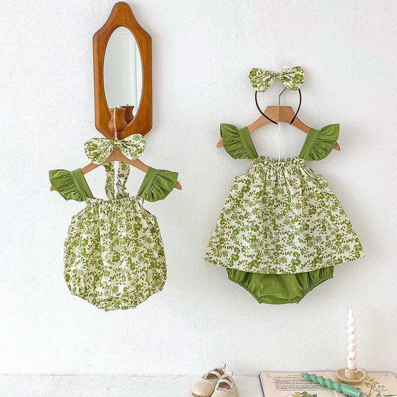 Summer Girls Flowers Pattern Sleeveless Strap Onesies And Clothing Set – Sister Matching Clothing Set
