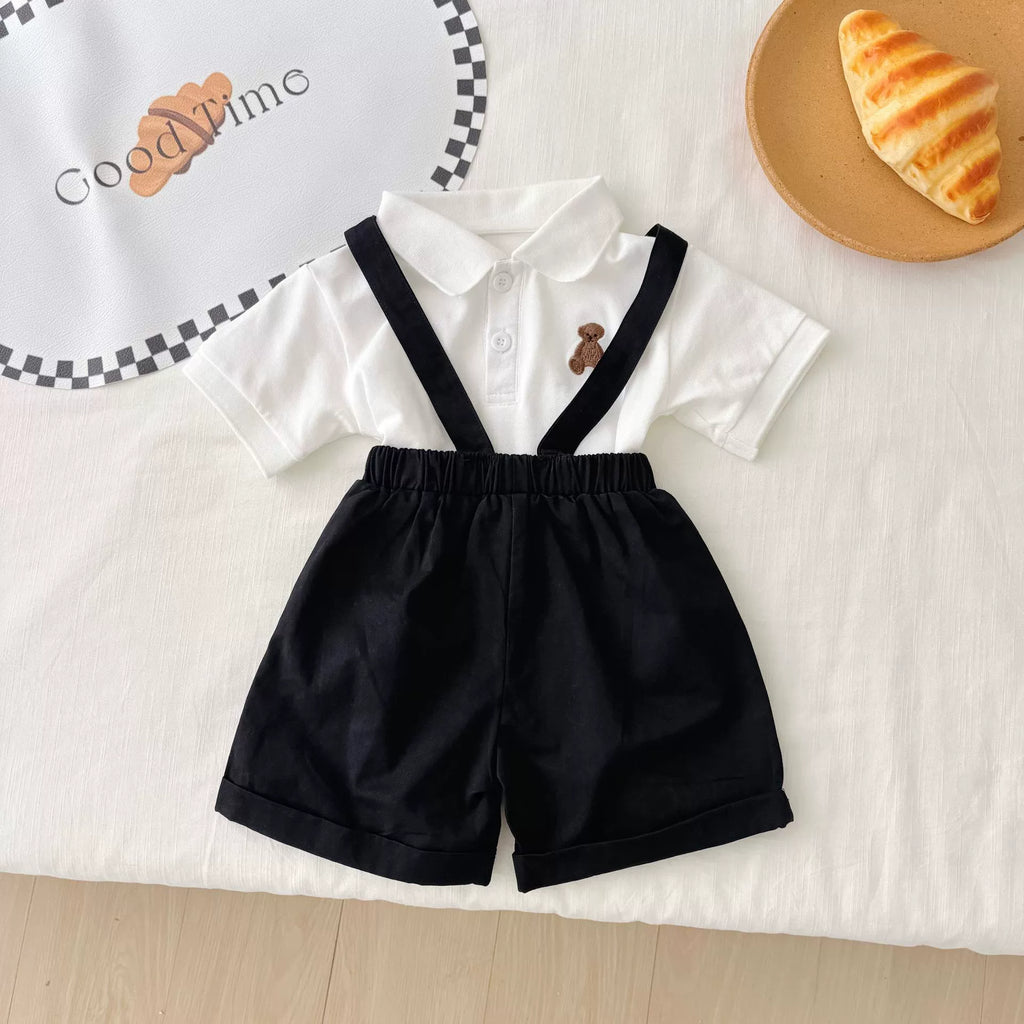 Summer Hot Selling Baby Kids Boys Sleeveless Black Strap Overalls and White Polo Shirt Clothing Set