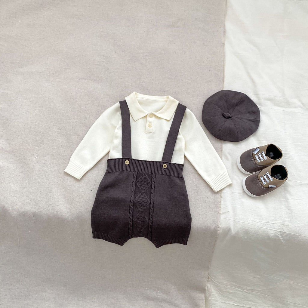 Autumn Baby Boys Long Sleeves Simple Knitted Top, Overalls and Hat Clothing Set