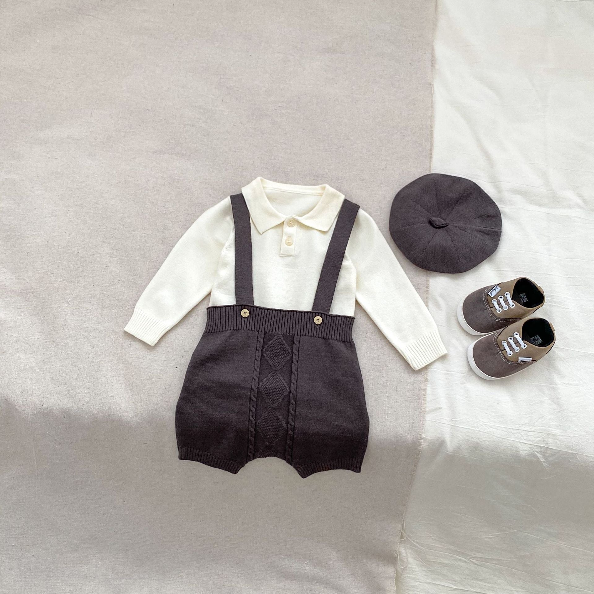 Autumn Baby Boys Long Sleeves Simple Knitted Top, Overalls and Hat Clothing Set